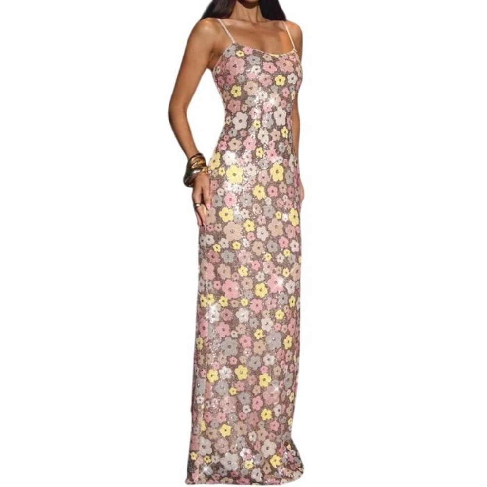 Women's Small Pink Yellow Silver Pastel Floral Sequin Maxi Dress Sleeveless Gown